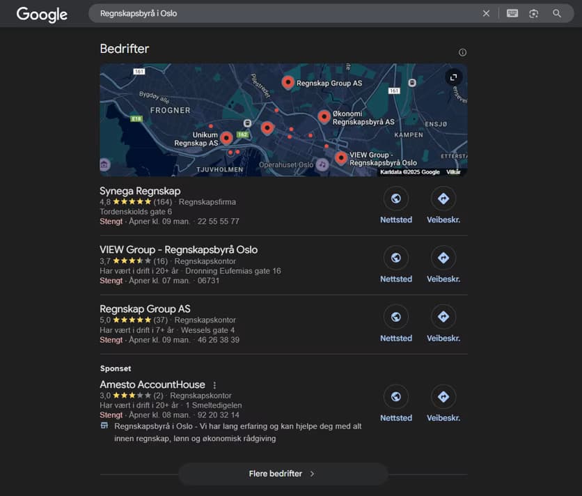 Søkeresultat i Google søk for søkeord 'Regnskapsfører i Oslo'