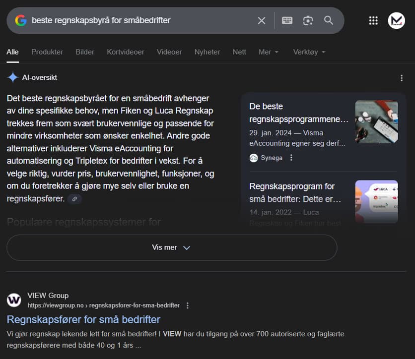 SEO søkeresultat i Google for beste regnskapsbyrå for småbedrifter