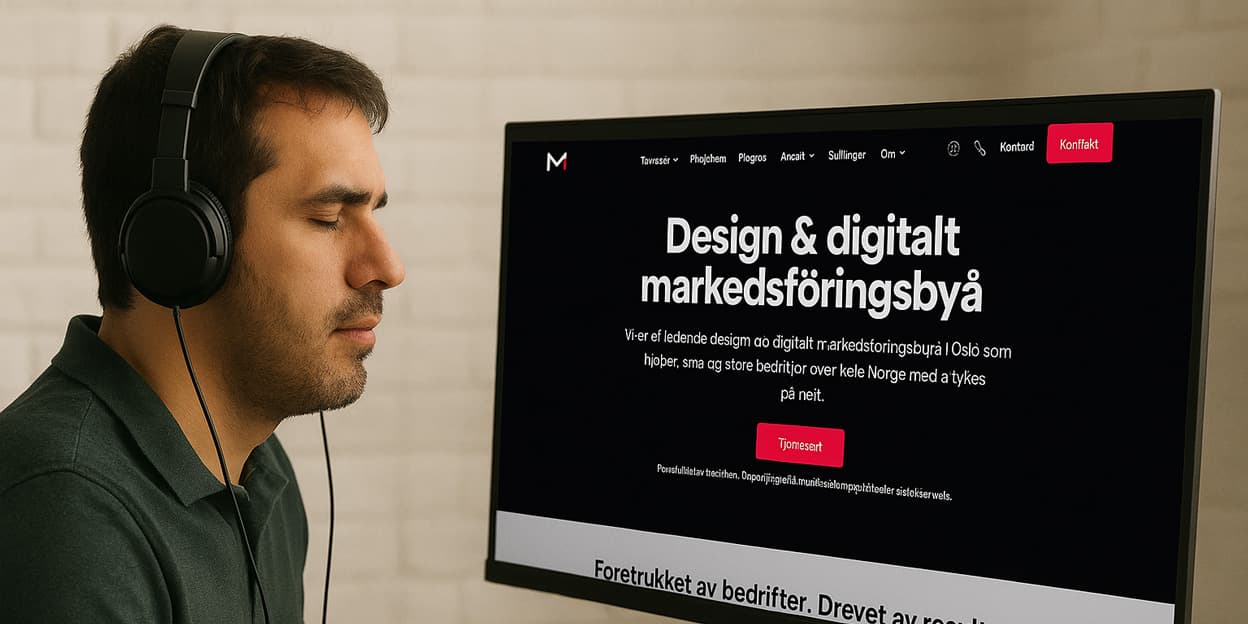 Person with visual impairment using a screen reader and headphones to navigate a website