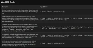 Screenshot of Google's Model Context Tool Inspector showing the eight WebMCP tools on mementor.no: name, description, inputSchema, and readOnlyHint