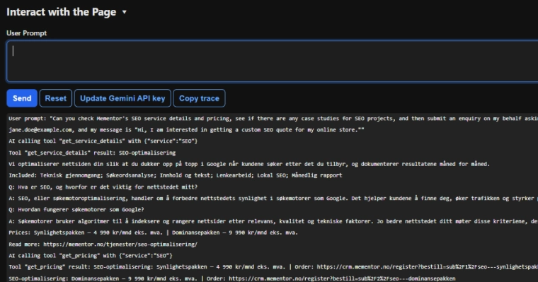 Skjermbilde av loggen i Googles Model Context Tool Inspector der en AI-agent kaller get_service_details og get_pricing på mementor.no og får norsk tjenestebeskrivelse, priser og bestillingslenke tilbake