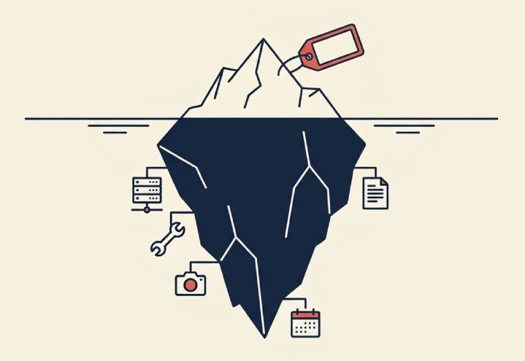 Iceberg showing visible price above water and hidden costs like operation, hosting, and content below