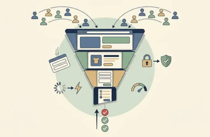 Illustration of a funnel where website visitors become customers through conversion rate optimization