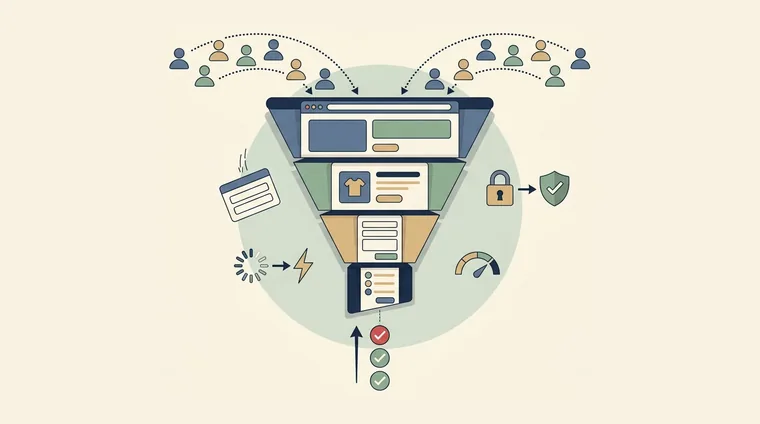 Illustration of a funnel built from website panels, where visitors flow in at the top, obstacles such as slow loading and missing trust are removed, and visitors come out as approved conversions