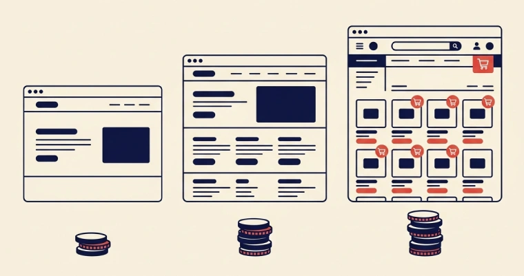 Three types of websites with increasing price: simple website, business website, and online store