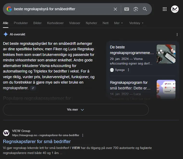 SEO søkeresultat i Google for beste regnskapsbyrå for småbedrifter