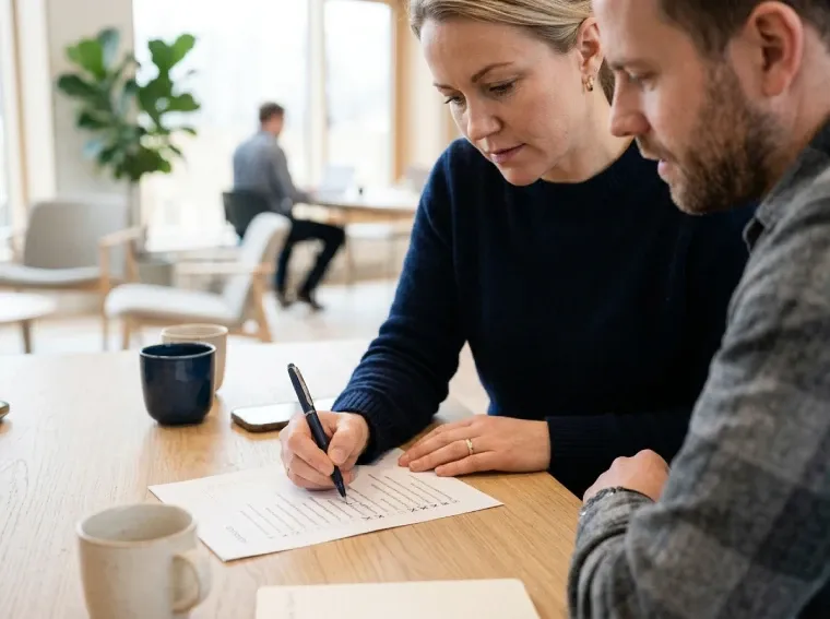 Two people going through a checklist in a meeting with a marketing agency