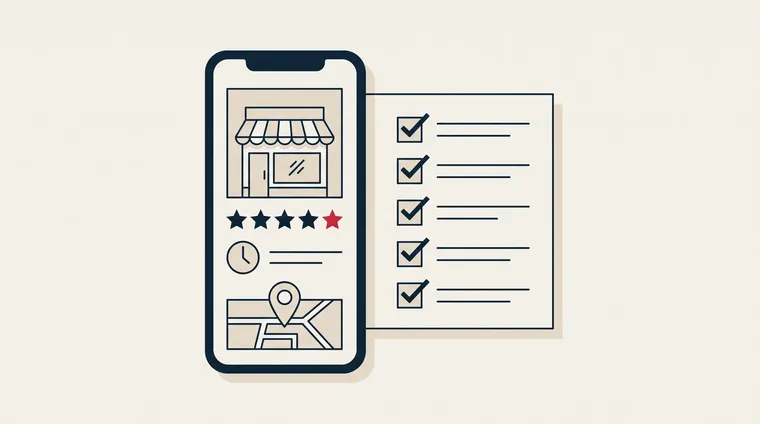 Illustration of a business profile on mobile with photo, stars and opening hours next to a checklist