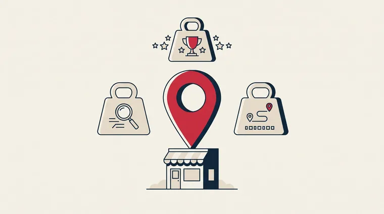 Illustration of a map pin over a shop with three symbols for relevance, distance and prominence