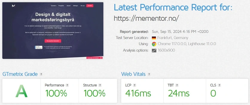 GTMetrix pagespeed stats