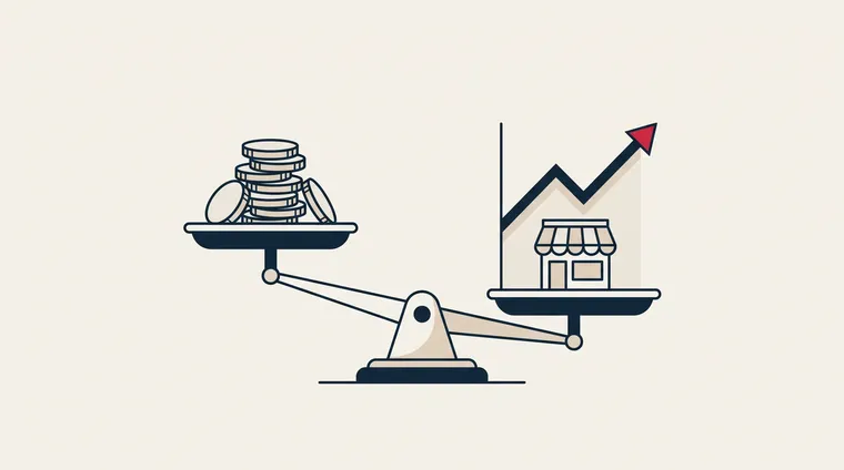 Illustration of a scale where a pile of coins on one side is weighed against a rising graph on the other
