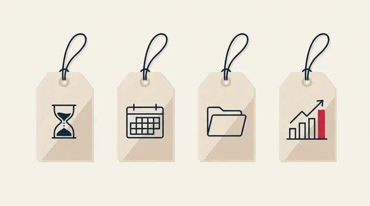 Illustration of four price tags with icons for hourly rate, monthly price, project price and performance-based price