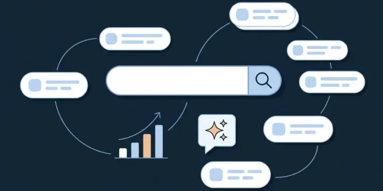 Illustration of keyword research with a search bar, keyword tags and an AI answer