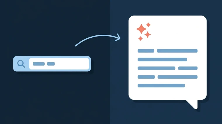 Illustration comparing a short Google search with a long question asked to an AI engine