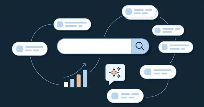 Illustration of keyword research with a search bar, keyword tags and an AI answer