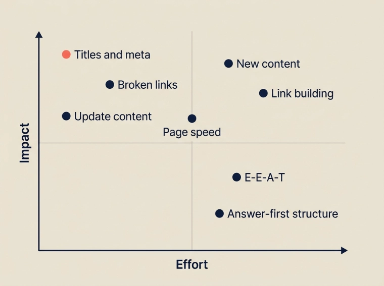 Prioritization matrix showing SEO measures by effort and effect, with titles and meta as the fastest win