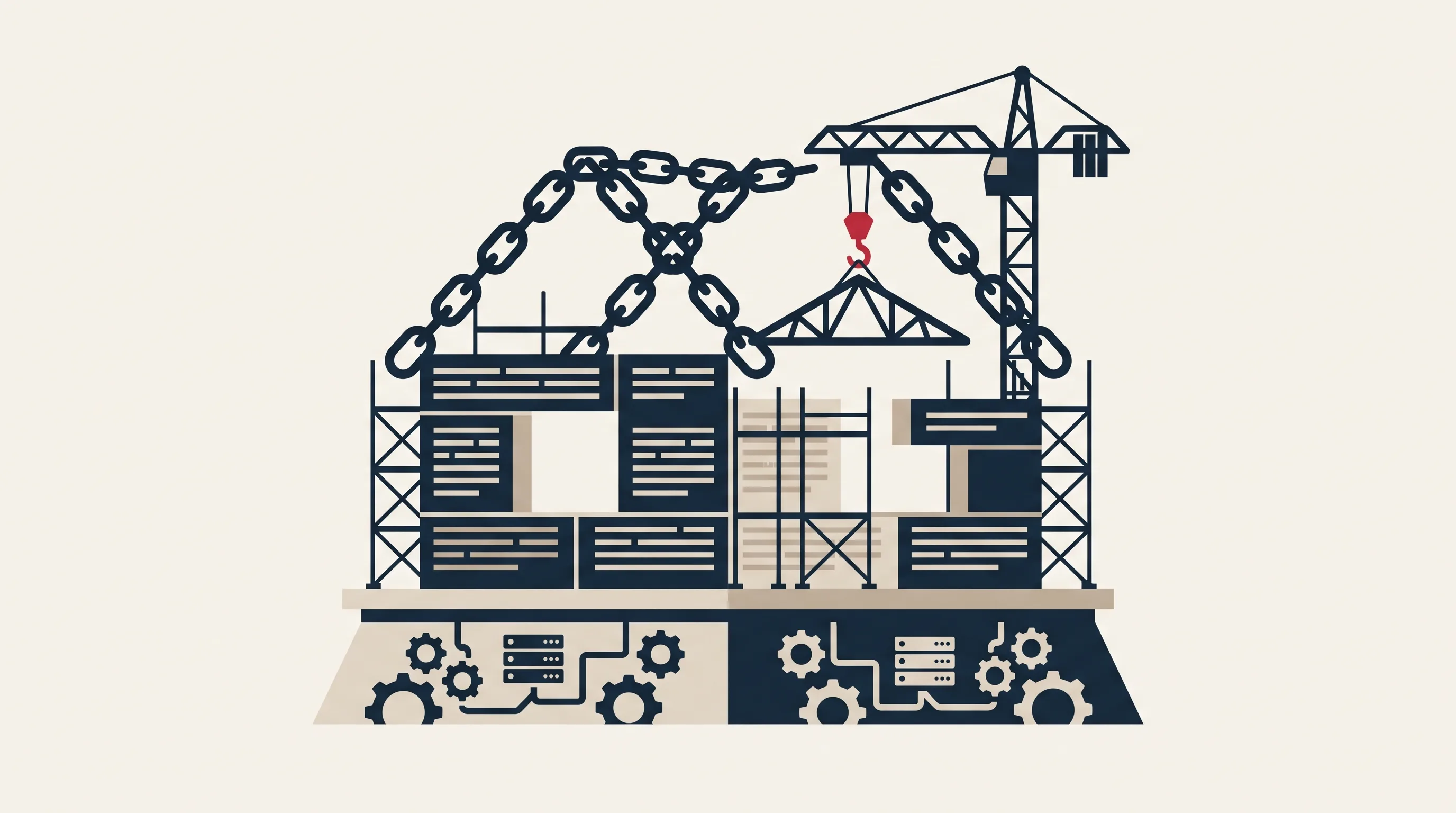 Illustration of a website as a house: technical foundation at the bottom, content as walls and links as the roof