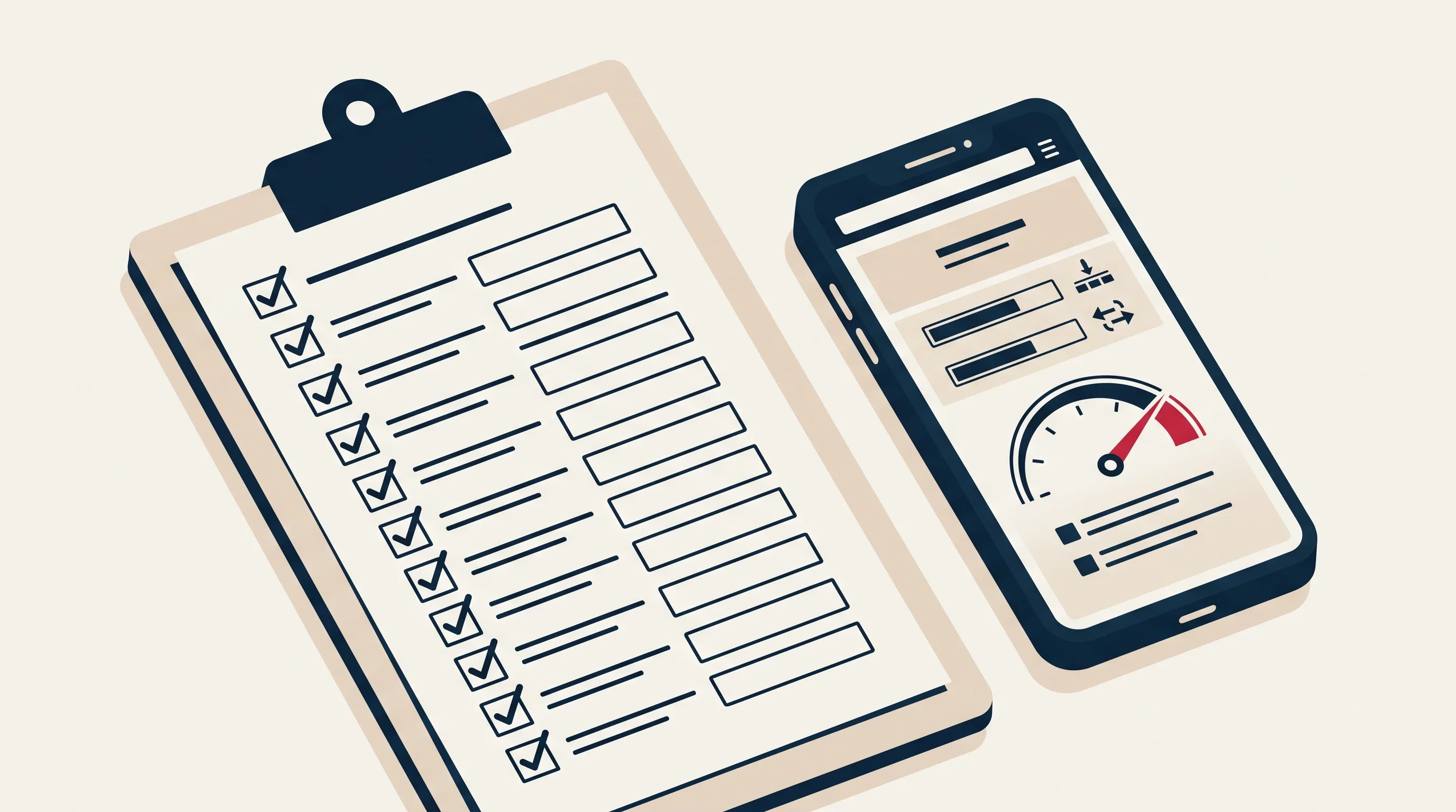 Illustration of a checklist with checked items next to a mobile phone showing a fast website