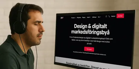 Person with visual impairment using a screen reader and headphones to navigate a website