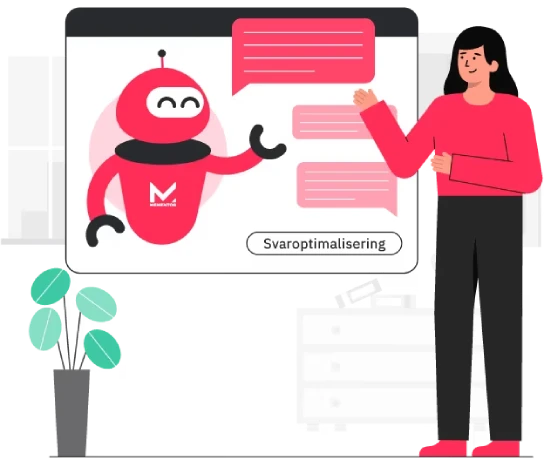 Illustration of AEO: a person talking with an AI assistant carrying the Mementor logo, in a chat window labelled answer optimisation