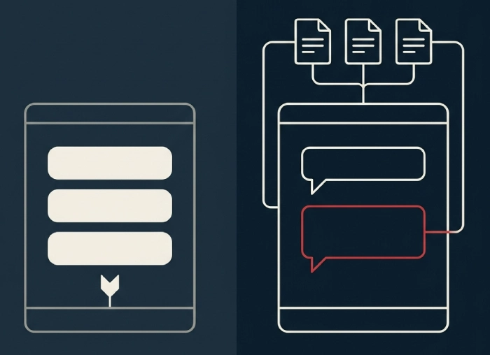 Illustration comparing a rule-based chatbot with three fixed answer buttons and an AI agent that pulls answers from the company's own documents