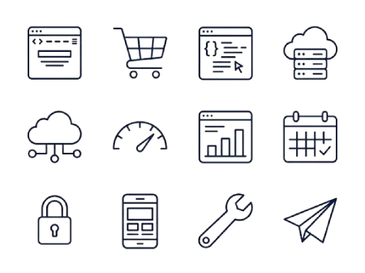 Ikoner for områdene verktøyene dekker: nettbutikk, kode, skydrift, ytelse, sikkerhet og mobil