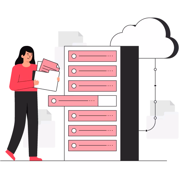 Illustration of a Service Level Agreement: a person with a document folder next to a server connected to the cloud for backups
