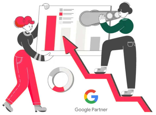 Illustration of Google Ads advertising: two people analysing campaign results with a rising graph and the Google Partner badge