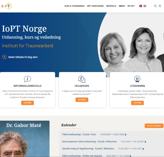 Forsiden til iopt.no etter redesignet, med kurskort og kalender