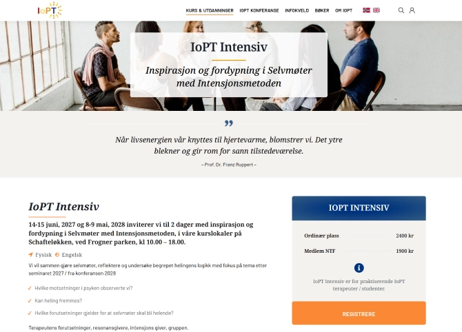 Kurssiden for IoPT Intensiv på iopt.no, med datoer, pris og påmelding
