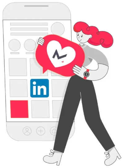 Illustration of LinkedIn advertising: a person holding an engagement bubble with the Mementor logo in front of a phone showing a LinkedIn feed