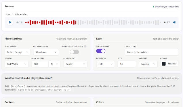 Skjermbilde av avspillerinnstillingene i WordPress, med valg for plassering, farger og knapper