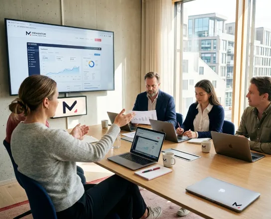 The Mementor team in a meeting room, with an analytics dashboard on a large screen
