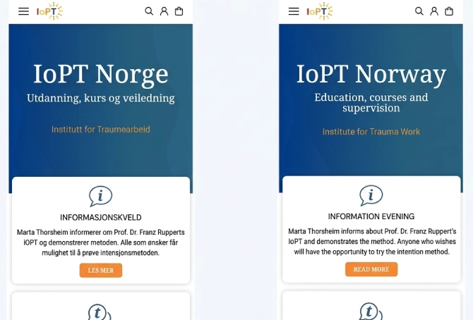 Forsiden til iopt.no på norsk og engelsk, side ved side