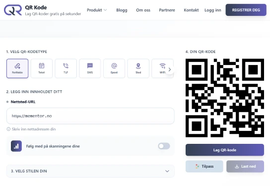 Screenshot of QR-kode.no: the generator with a finished QR code with logo and color options