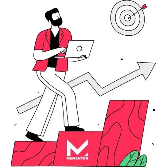 Illustration of SEO optimisation: a person with a laptop climbing stairs marked with the Mementor logo, toward a rising graph and a target