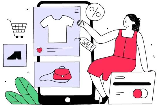Illustration of e-commerce: a woman shopping clothes and bags on sale in a mobile online store, with a shopping cart and a payment card