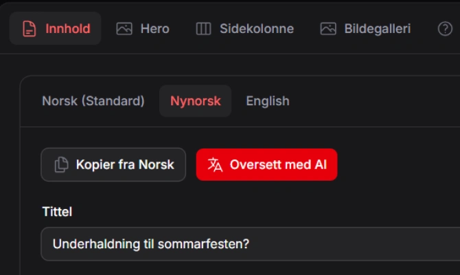 Redigeringsvinduet i kontrollpanelet med faner for norsk, nynorsk og engelsk, og knappen «Oversett med AI»