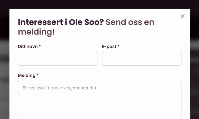 Bookingskjemaet på en artistside, med overskriften «Interessert i Ole Soo? Send oss en melding!» og felt for navn, e-post og melding