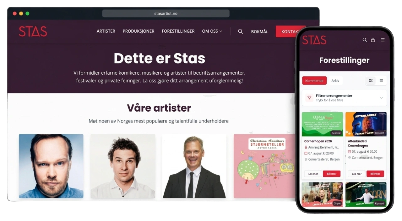 Forsiden til stasartist.no på datamaskin, med forestillingssiden vist på mobil ved siden av