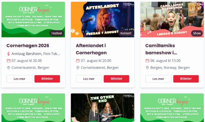 Forestillingskalenderen på stasartist.no, med plakat, dato, spillested og billettknapp for hvert arrangement