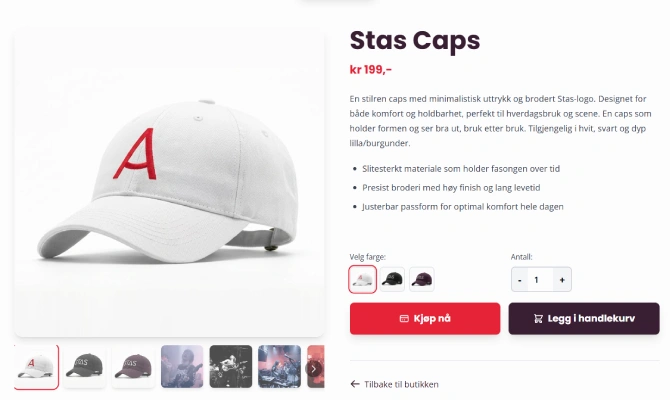 Produktsiden for Stas Caps i nettbutikken, med fargevalg, antall og knapper for kjøp og handlekurv