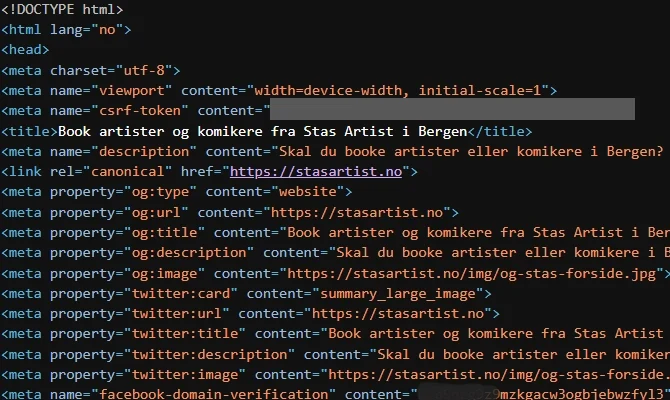 Kildekoden til stasartist.no, med tittel, meta-beskrivelse, kanonisk URL og Open Graph-tagger