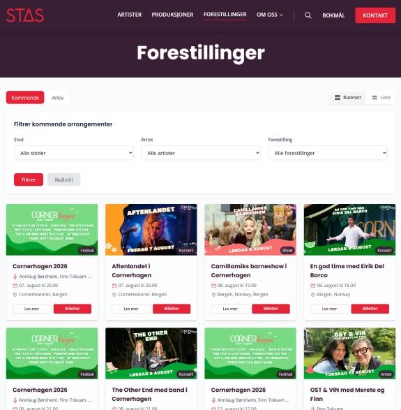 Forestillingssiden på stasartist.no, med filtre og kort for kommende arrangementer