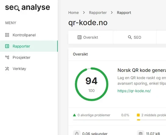 Skjermbilde av en teknisk SEO-analyse fra seo-analyse.no, med score og konkrete tiltak