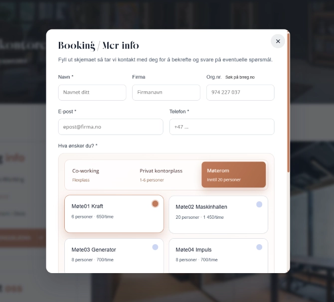 The booking modal on theboxoffice.no with fields for name, company and organization number, a choice between coworking, private office and meeting room, and the four meeting rooms with capacity and hourly price