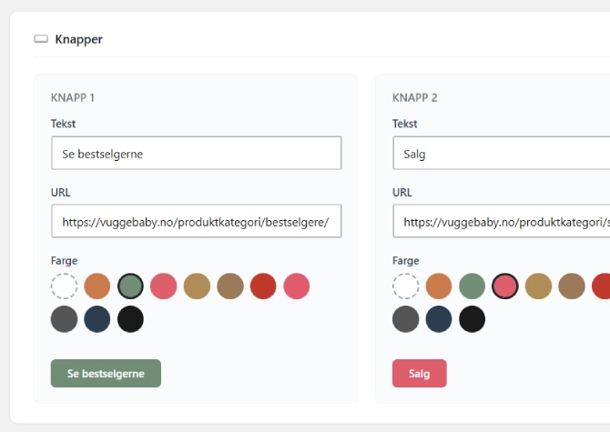 The button setup in the VuggeBaby admin panel, where the store owner sets text, link and color for the front page campaign buttons and sees the result right away