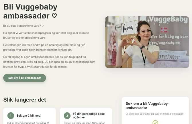 The become a VuggeBaby ambassador landing page, with an explanation of the program, an application button and the numbered steps for how it works