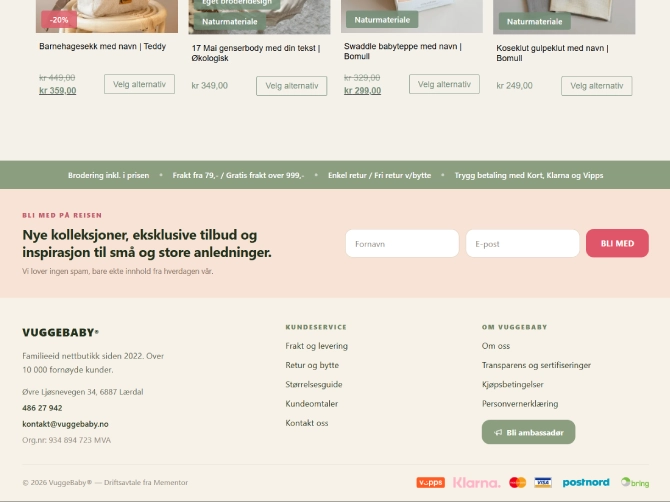 The new footer on vuggebaby.no, with a guarantee strip, newsletter signup, link groups for customer service and company information, and payment logos at the bottom