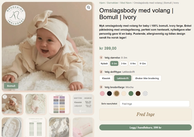 The wrap bodysuit product page at VuggeBaby, with size options, a font picker, round color swatches for the embroidery color and the name Fred Inge previewed in the chosen script